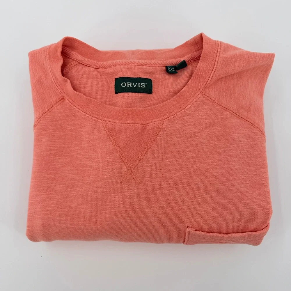 Orvis Mens XXL‎ Salmon Pink Slub Knit Cotton Crewneck Sweatshirt Raglan Pocket